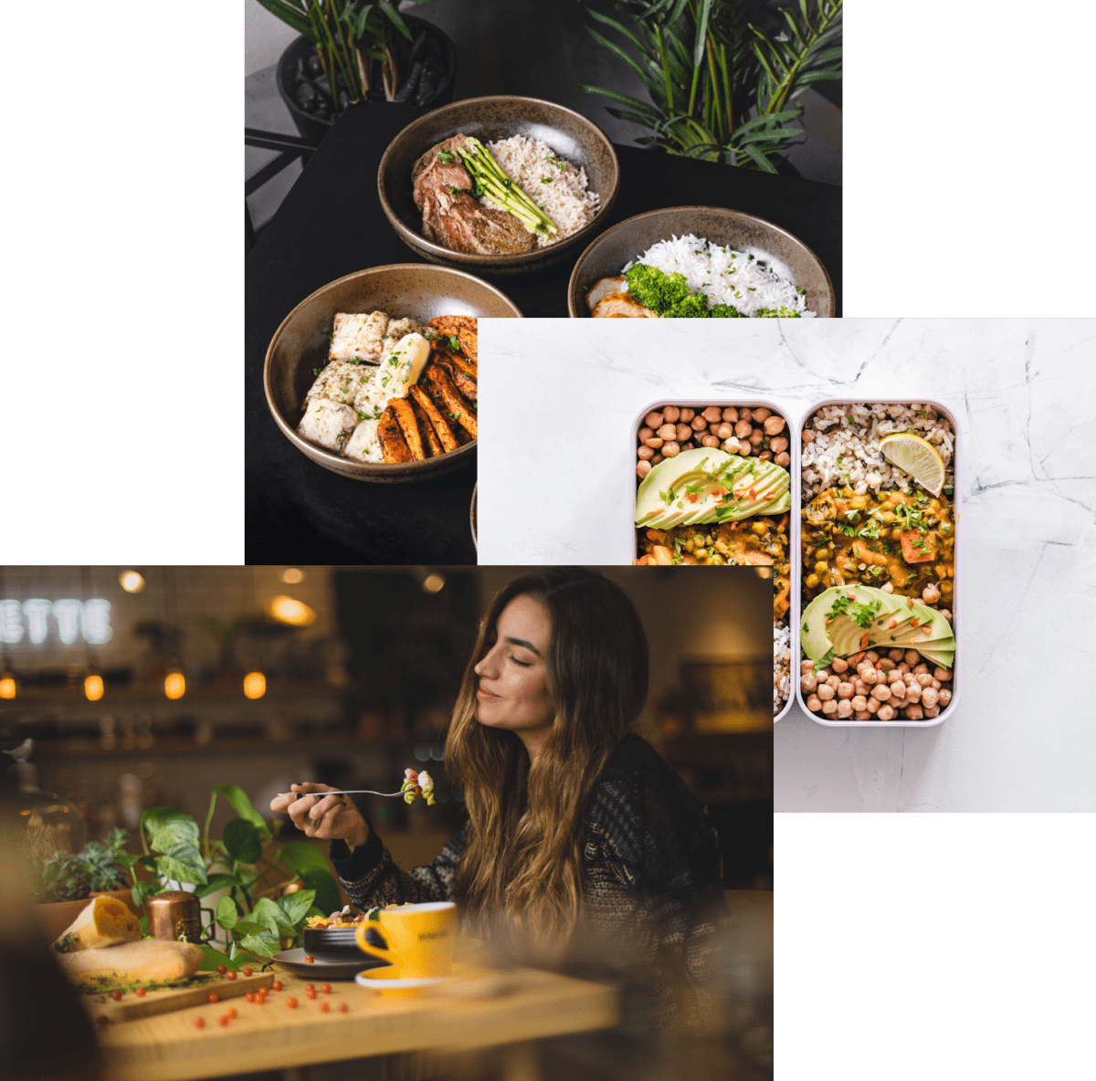 Woman enjoying food, meals in storage containers and food bowls on a table